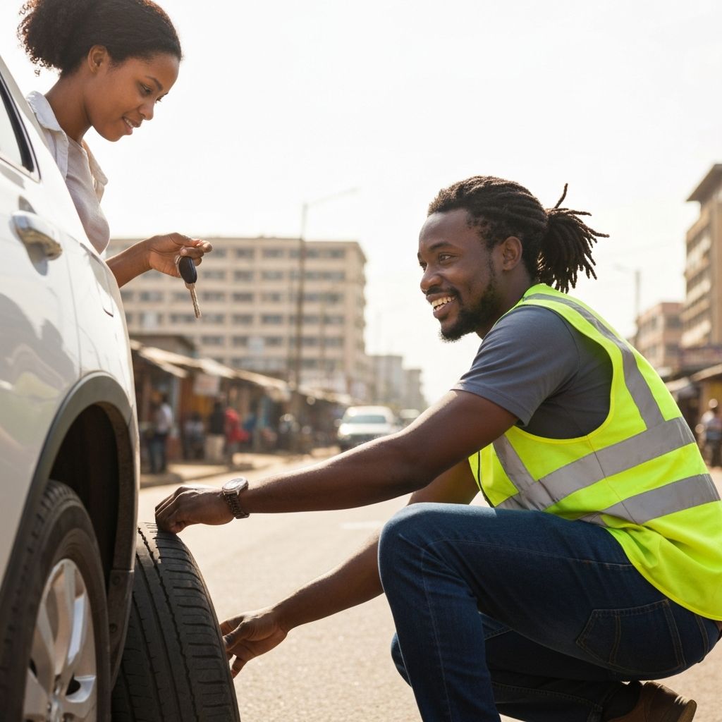 Professional technician assisting driver